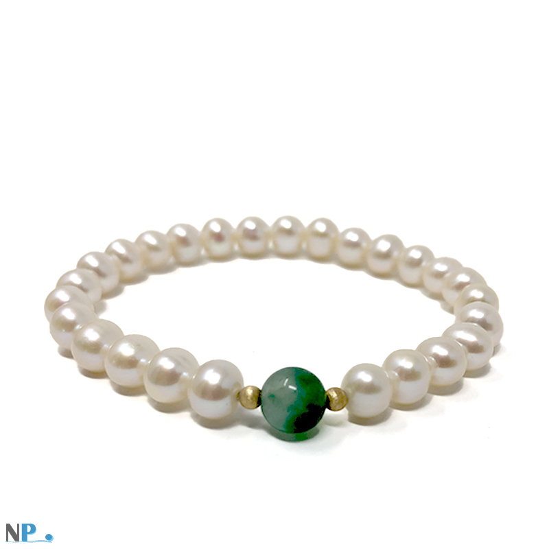 Bracelet de perles de culture Blanche AAA et une Perle de Pierre Semi-Precieuse Naturelle Peridot verte et Billes en Or